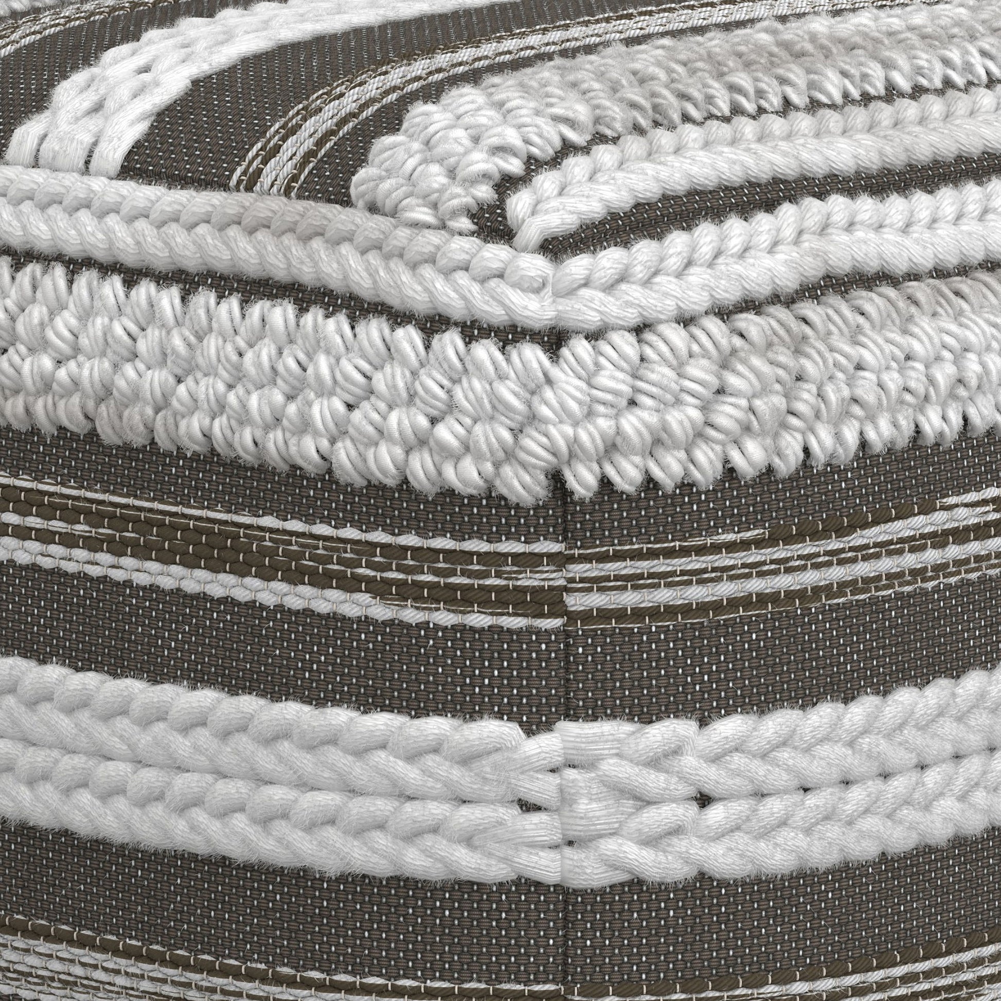 Close-up of the corner of the Sommer - Handcrafted Square Pouf, highlighting its woven fabric with textured, braided, and stitched white and gray horizontal stripes. The craftsmanship and stitching details stand out clearly.