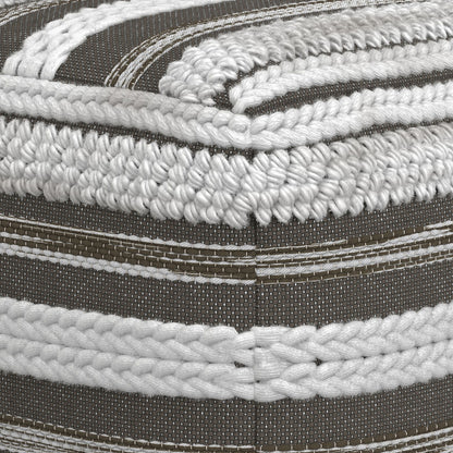 Close-up of the corner of the Sommer - Handcrafted Square Pouf, highlighting its woven fabric with textured, braided, and stitched white and gray horizontal stripes. The craftsmanship and stitching details stand out clearly.