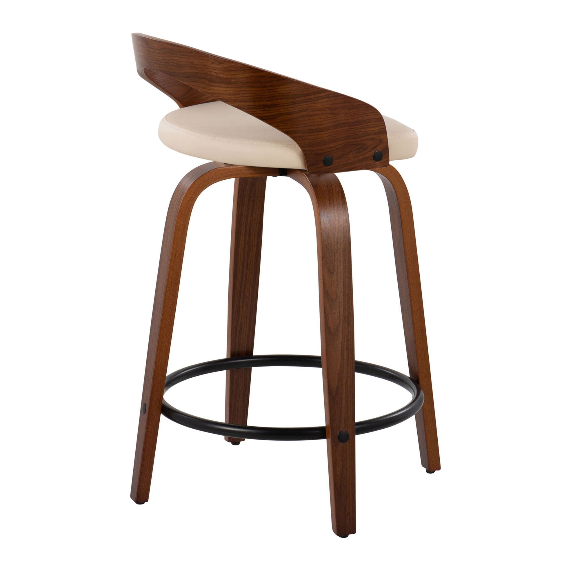 The Grotto Mid-Century Modern Counter Stool set features a curved backrest, beige cushioned seat, and four angled legs joined by a black round footrest. Set of 2; fixed height with swivel.