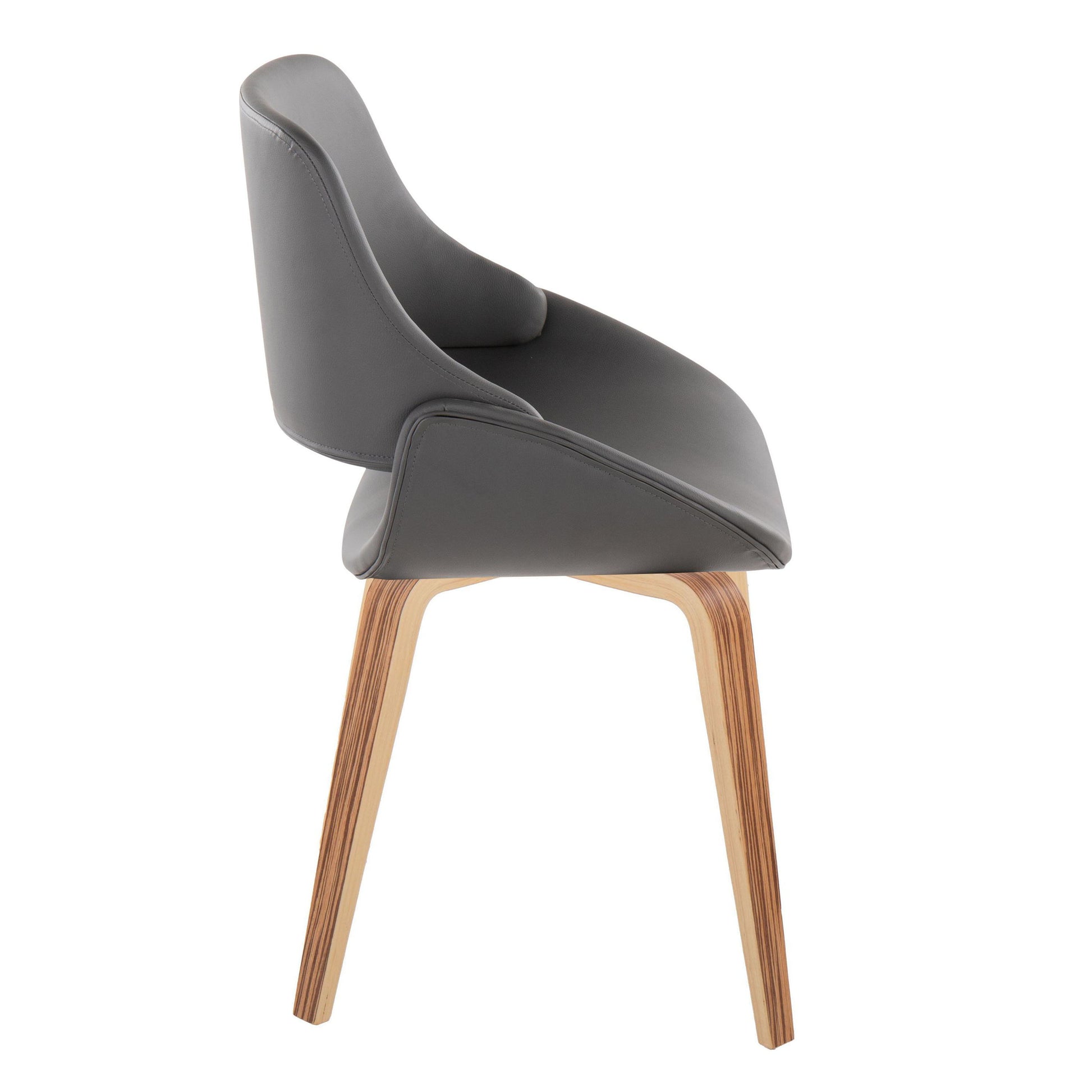 The Fabrico Mid Century Modern Dining Chair (Set of 2) showcases a curved dark gray upholstered seat and backrest, with light wooden legs angled outward. Shown from a side view against a white background.