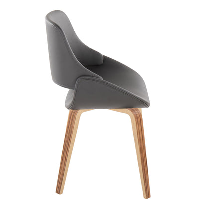 The Fabrico Mid Century Modern Dining Chair (Set of 2) showcases a curved dark gray upholstered seat and backrest, with light wooden legs angled outward. Shown from a side view against a white background.