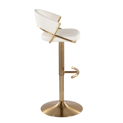 The Jie Contemporary Adjustable Barstool (Set of 2) features a white cushioned seat and backrest, gold metal accents, a circular base, swivel function, and rounded T footrest. Shown in side profile view.