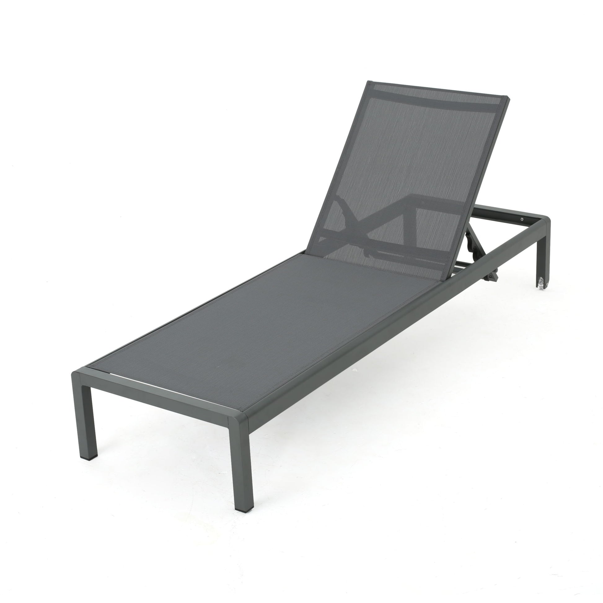 The Outdoor Patio Chaise Lounge With 5 Reclining Positions features a sleek dark metal frame and a mesh seat and backrest, shown against a plain white background.