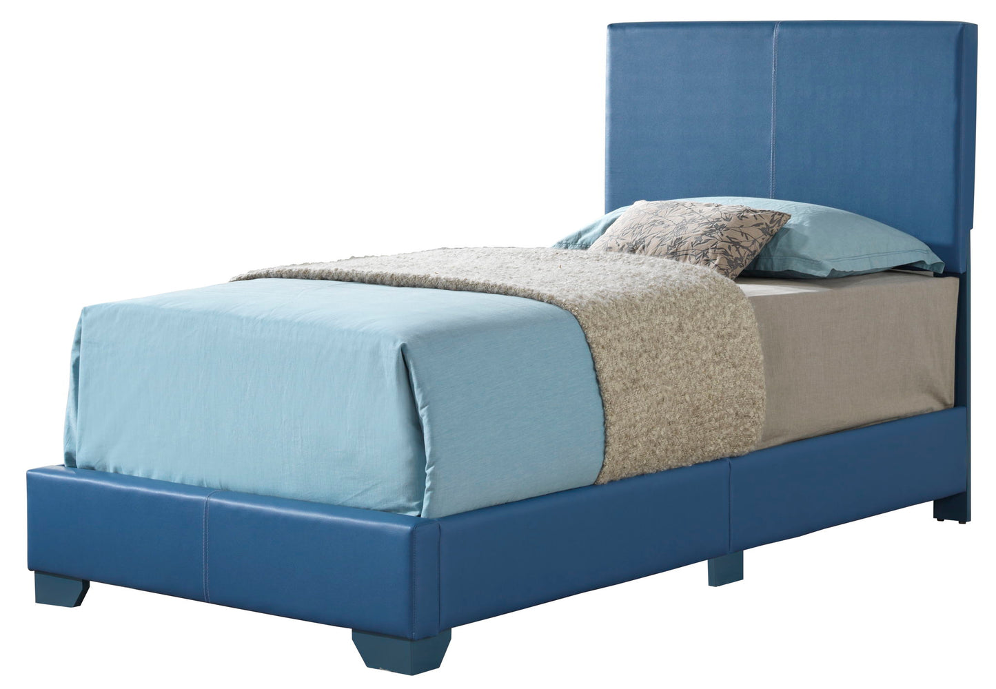The Elegant Platform Bed For Relaxed Spaces features a blue upholstered frame and headboard, dressed with light blue bedding, a beige blanket, and two pillows, including one with a decorative cover.