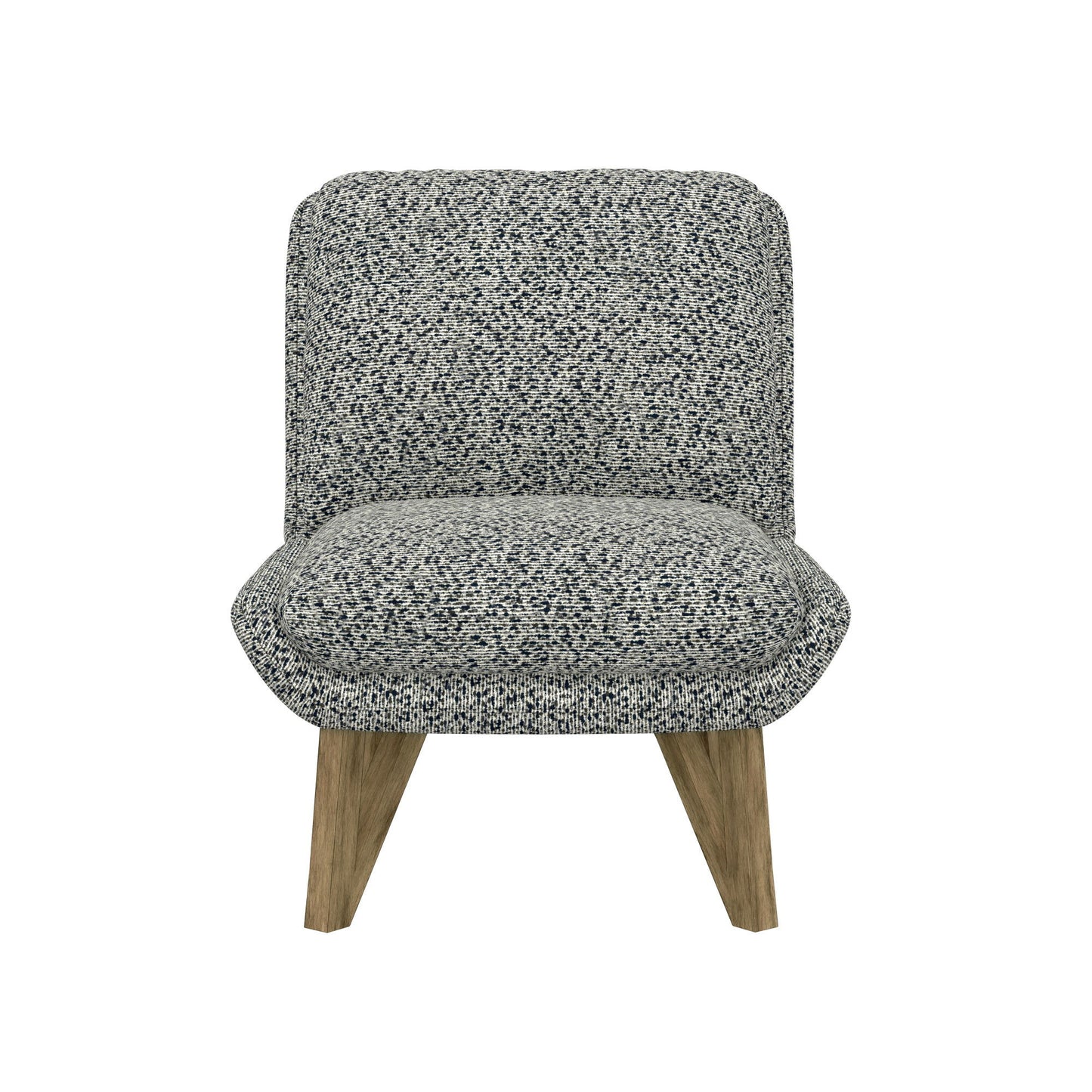 The Emerse Armless Accent Chair features blue fabric upholstery, a wide cushioned seat and backrest, and angled wooden legs, shown against a white background.