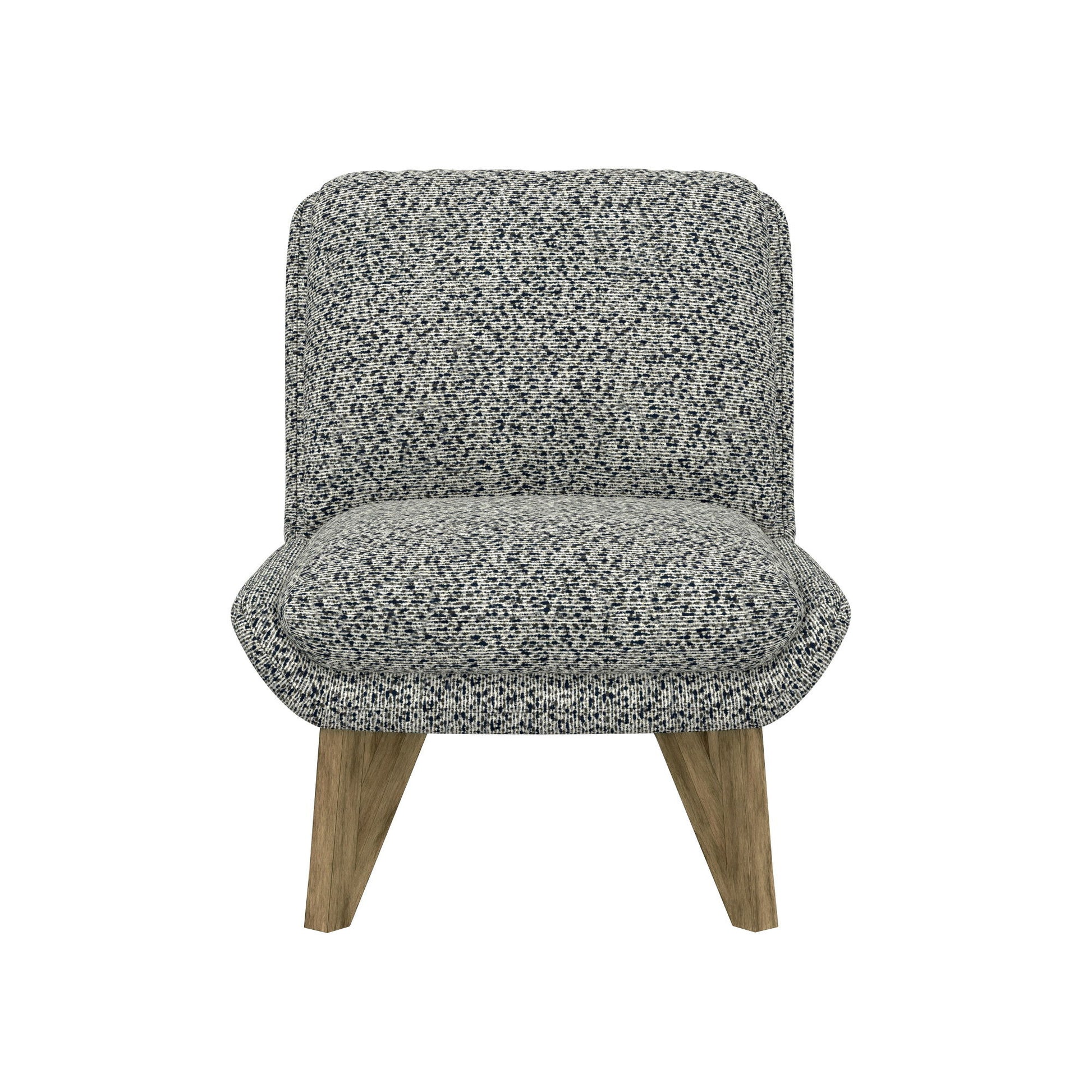 The Emerse Armless Accent Chair features blue fabric upholstery, a wide cushioned seat and backrest, and angled wooden legs, shown against a white background.