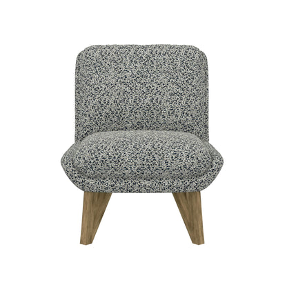 The Emerse Armless Accent Chair features blue fabric upholstery, a wide cushioned seat and backrest, and angled wooden legs, shown against a white background.