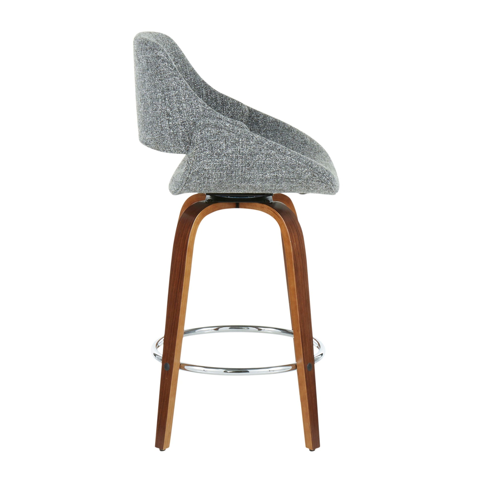 Side view of the Fabrico - Mid Century Modern Counter Stool (Set of 2) featuring a gray upholstered seat, wooden legs, and a circular metal footrest.