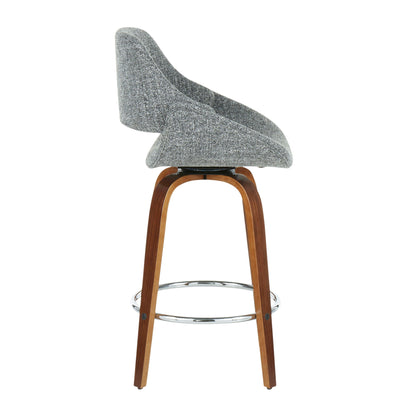 Side view of the Fabrico - Mid Century Modern Counter Stool (Set of 2) featuring a gray upholstered seat, wooden legs, and a circular metal footrest.