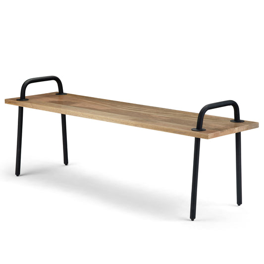 The Berkeley Entryway Bench features a minimalist, contemporary design with a modern wooden rectangular seat, two angled black metal legs, and black metal handles on each end.