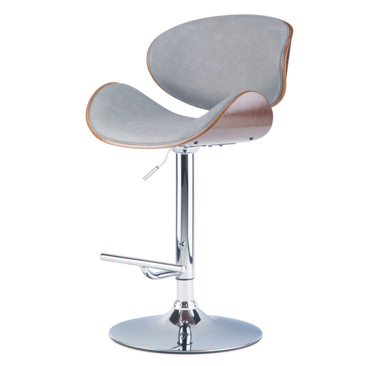 The Marana Multifunctional Handcrafted Bentwood Adjustable Swivel Bar Stool features a curved light gray cushioned seat and backrest, wood trim edges, chrome base with footrest, and an adjustable height lever.