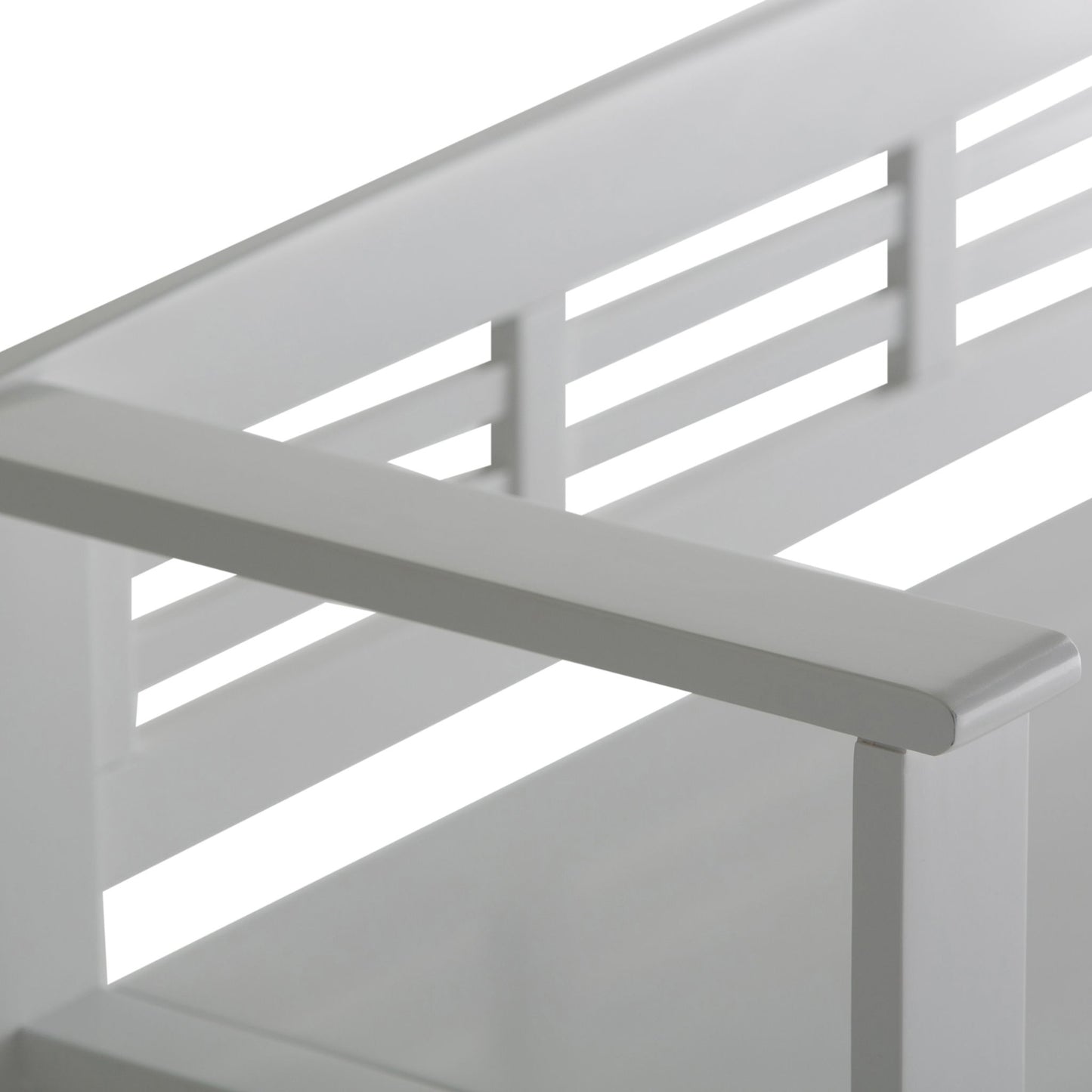 Close-up of the Adams - Entryway Storage Bench Handcrafted, featuring a white wooden frame with a slatted backrest, straight armrest, and clean lines for a sleek, modern look.