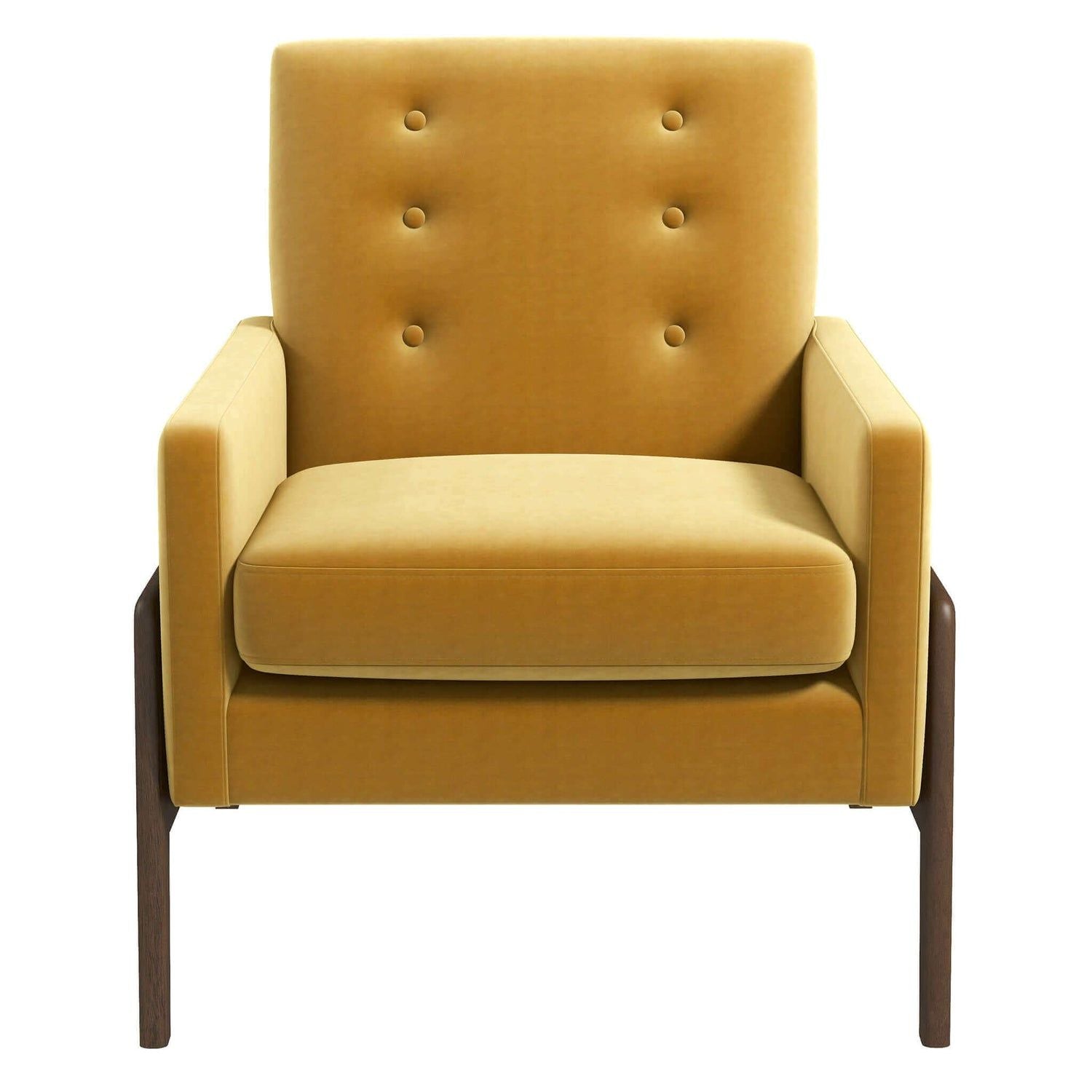 The Cole Solid Wood Lounge Chair features mustard yellow upholstery, a button-tufted backrest, and dark wooden legs, displayed from the front.