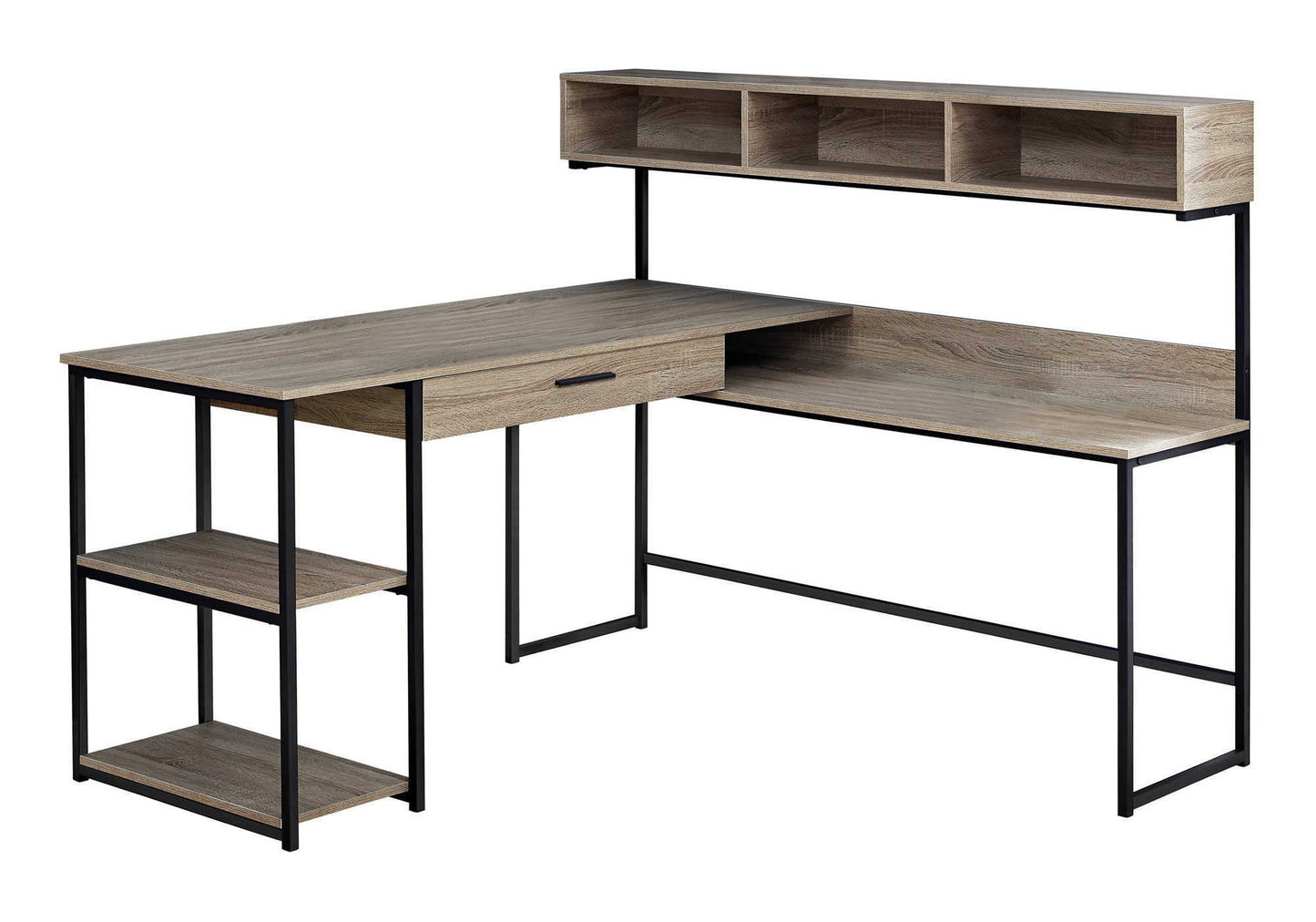 The Computer Desk features an L-shaped design with a black metal frame, storage drawers, open shelves on the left side, and an overhead hutch with four open compartments for a contemporary and modern home office setup.