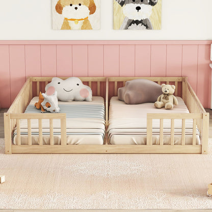 A Double Floor Bed With Fence and Guardrails (no door) holds two mattresses with soft toys like a teddy bear, plush cloud, and animal. The room features a pink wall and dog-themed artwork above the bed.