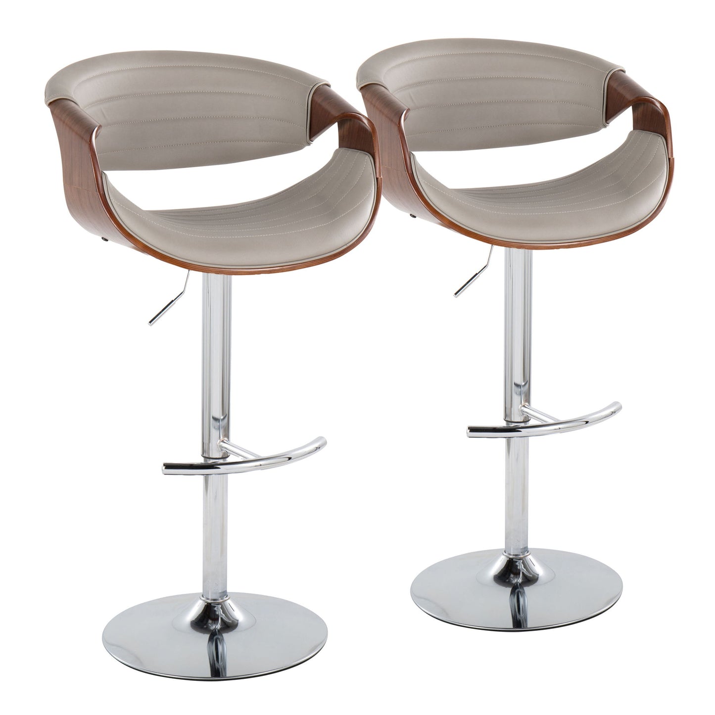 The Symphony set includes two mid-century modern adjustable barstools with curved wooden backs, light gray cushioned seats, chrome swivel bases, and rounded T footrests, shown side by side against a white background.