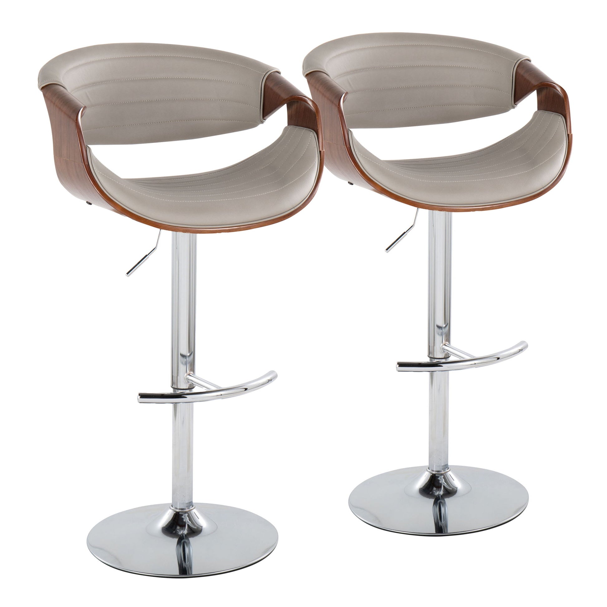 The Symphony set includes two mid-century modern adjustable barstools with curved wooden backs, light gray cushioned seats, chrome swivel bases, and rounded T footrests, shown side by side against a white background.