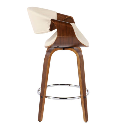 Symphony Mid Century Modern Counter Stool (Set of 2) features a curved wooden frame, light beige cushioned seat and backrest, and a round metal footrest ring, shown from the side against a white background.