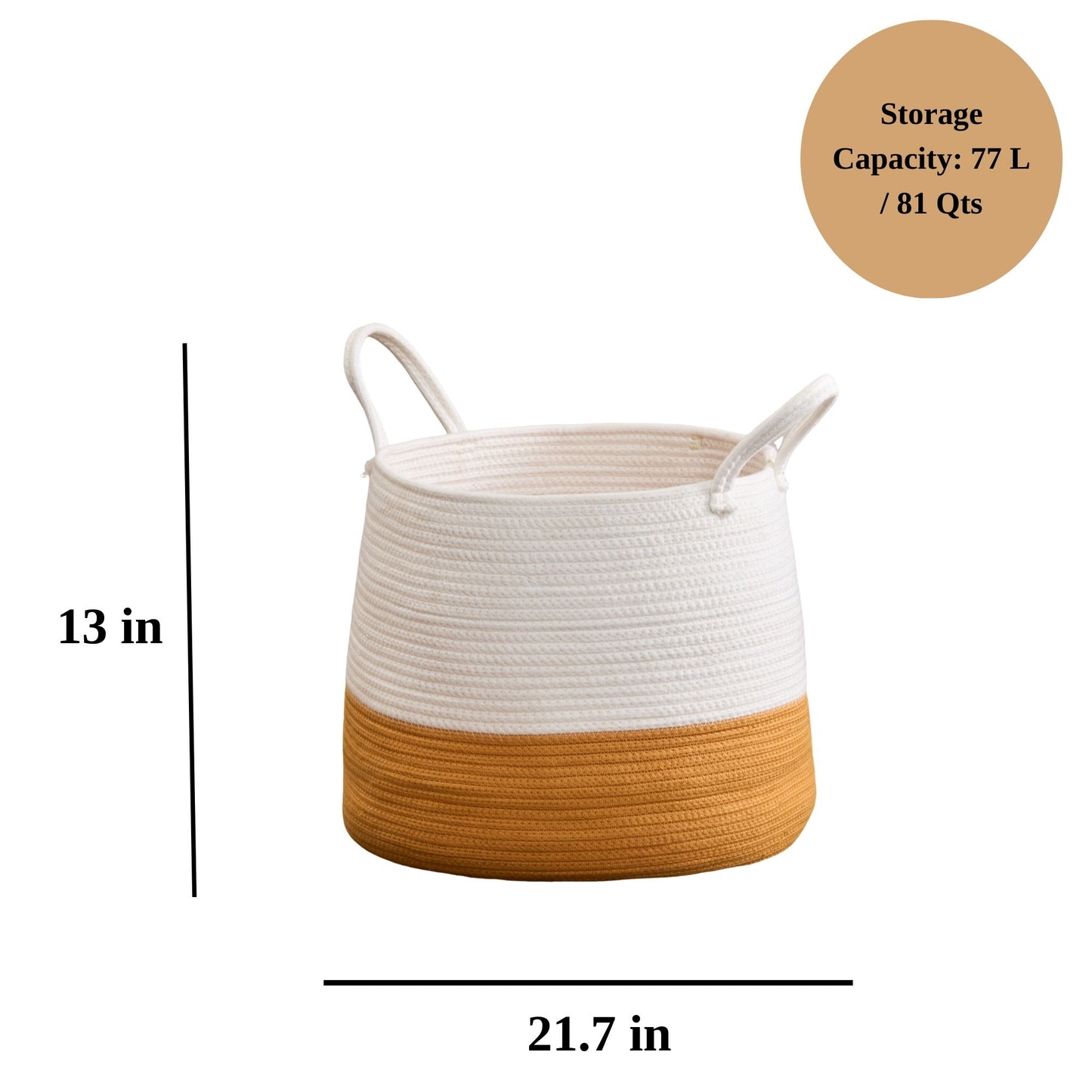 The Francis Cotton Round Laundry and Storage Basket features a two-tone design with a white top, brown bottom, and two handles. It measures 13" high by 21.7" wide and holds up to 77 liters (81 quarts).