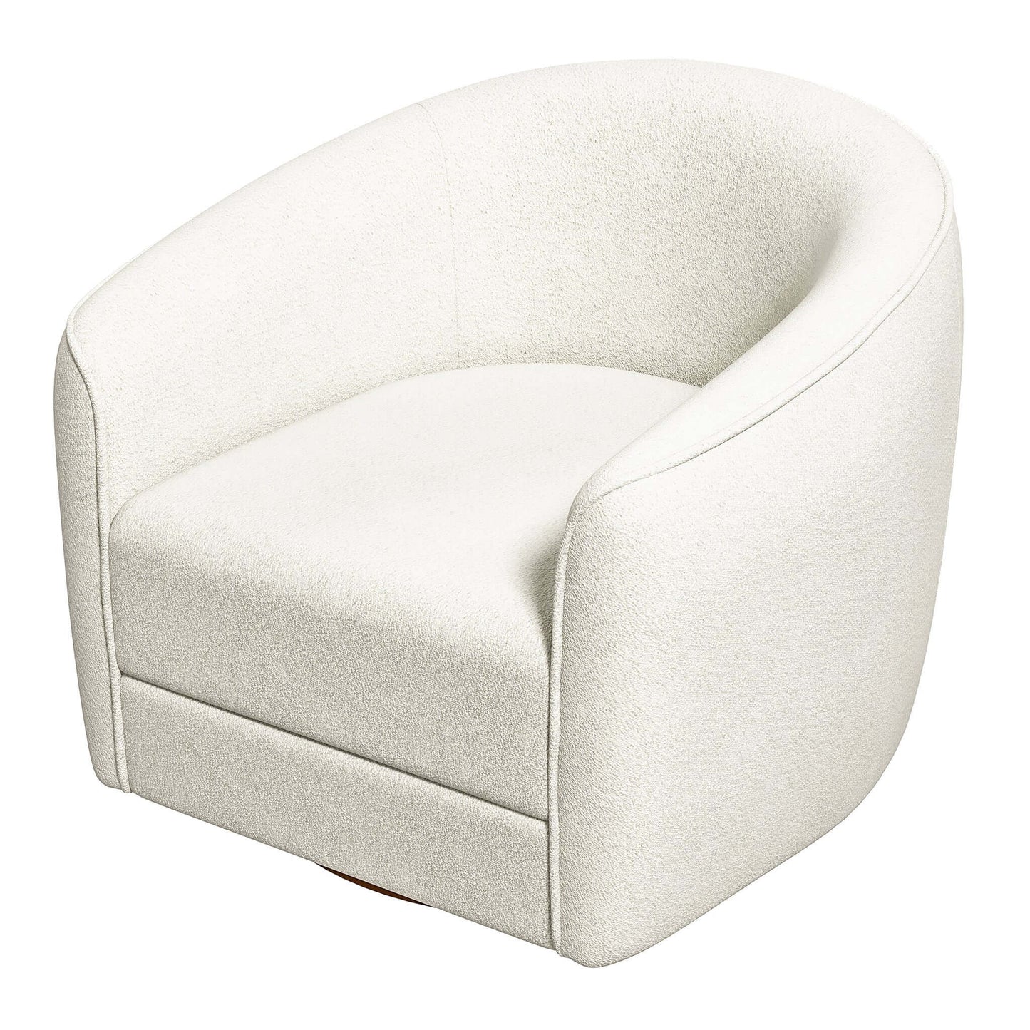 The Elise Mid-Century Modern Swivel Chair features a plush, white upholstered design with a rounded back and smooth curves, offering comfort and style. The chair has a modern look with no visible legs.