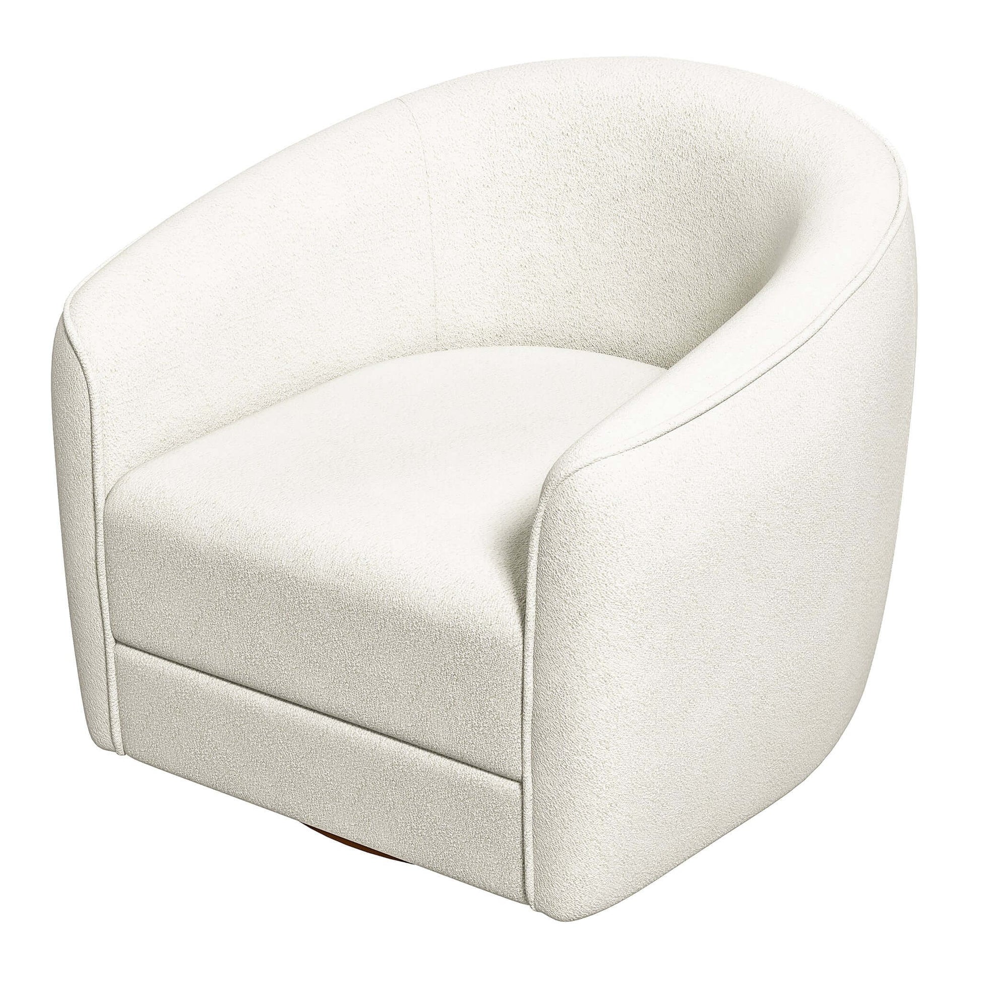 The Elise Mid-Century Modern Swivel Chair features a plush, white upholstered design with a rounded back and smooth curves, offering comfort and style. The chair has a modern look with no visible legs.