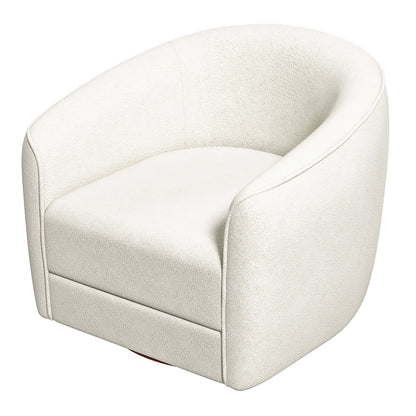 The Elise Mid-Century Modern Swivel Chair features a plush, white upholstered design with a rounded back and smooth curves, offering comfort and style. The chair has a modern look with no visible legs.