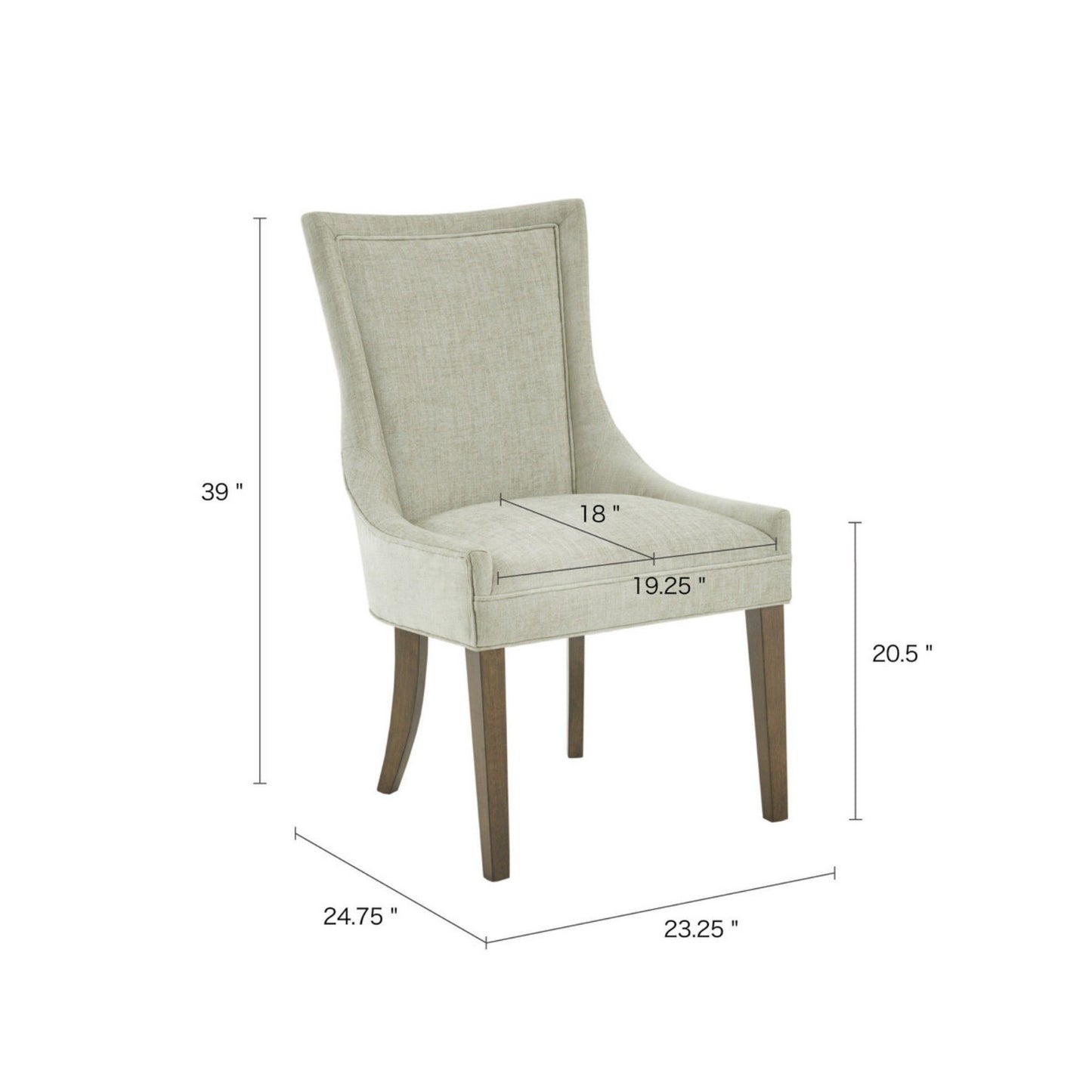 The Ultra - Elegant Dining Side Chair (Set of 2) is shown in light beige upholstery with dark wooden legs. Dimensions: 39" H, 20.5" seat height, 18" seat width, 19.25" seat depth, 24.75" D, and 23.25" W overall.