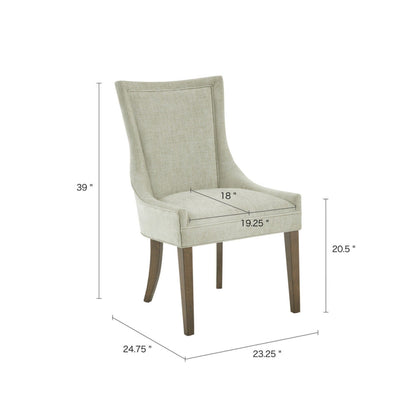 The Ultra - Elegant Dining Side Chair (Set of 2) is shown in light beige upholstery with dark wooden legs. Dimensions: 39" H, 20.5" seat height, 18" seat width, 19.25" seat depth, 24.75" D, and 23.25" W overall.