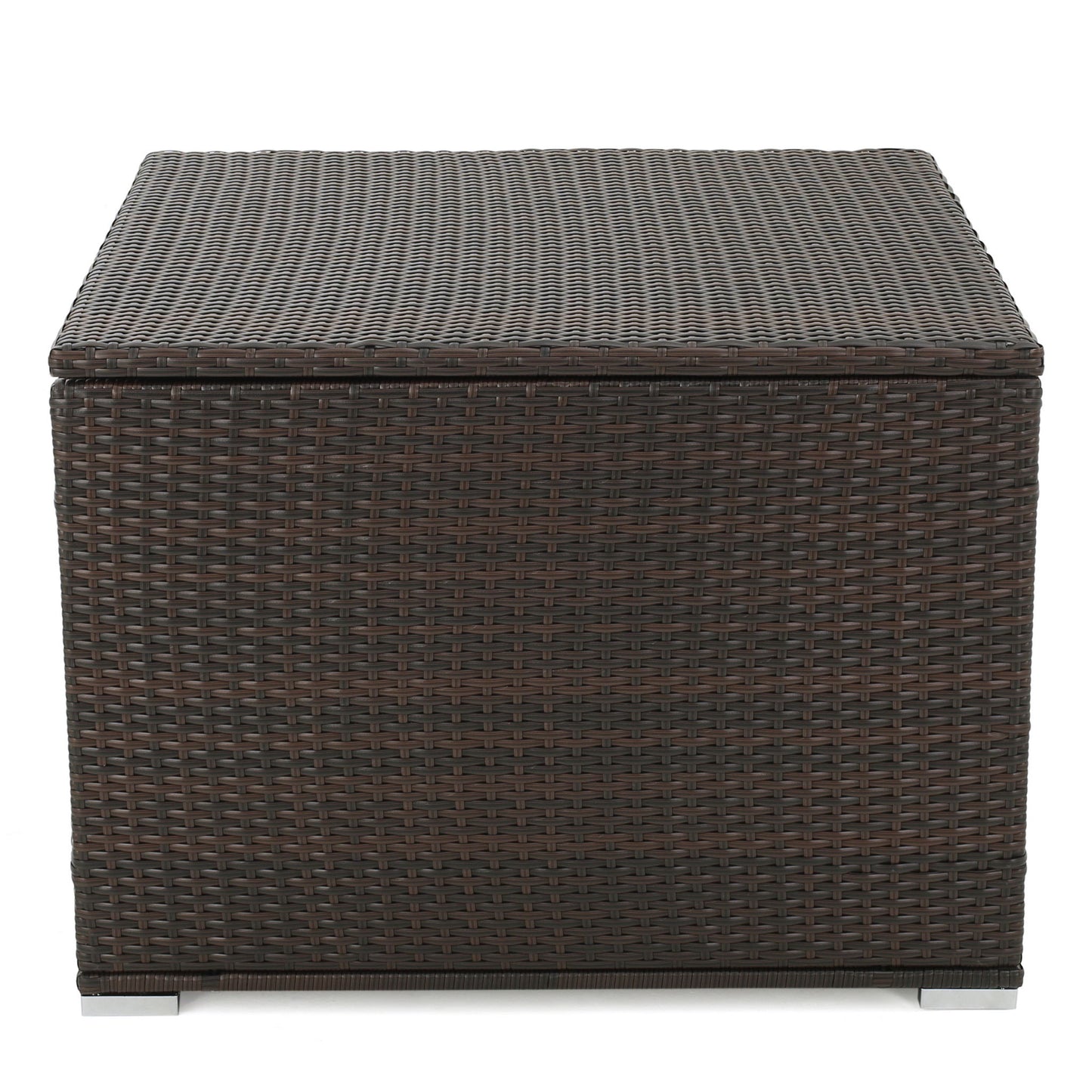 The Santa Rosa - Storage Table is a square, dark brown woven rattan outdoor storage box with a flat lid and short metal feet, pictured against a white background.