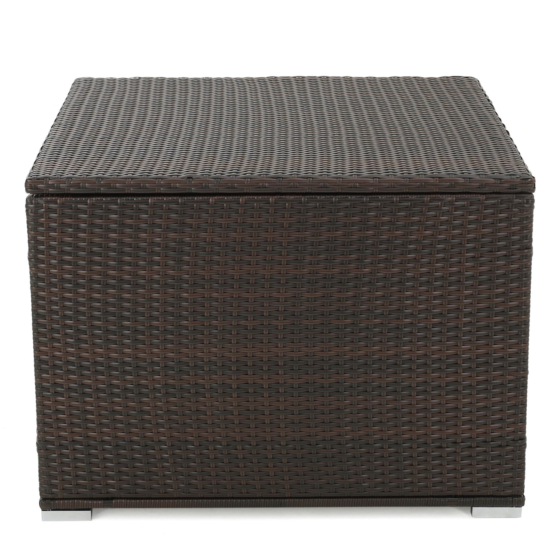 The Santa Rosa - Storage Table is a square, dark brown woven rattan outdoor storage box with a flat lid and short metal feet, pictured against a white background.