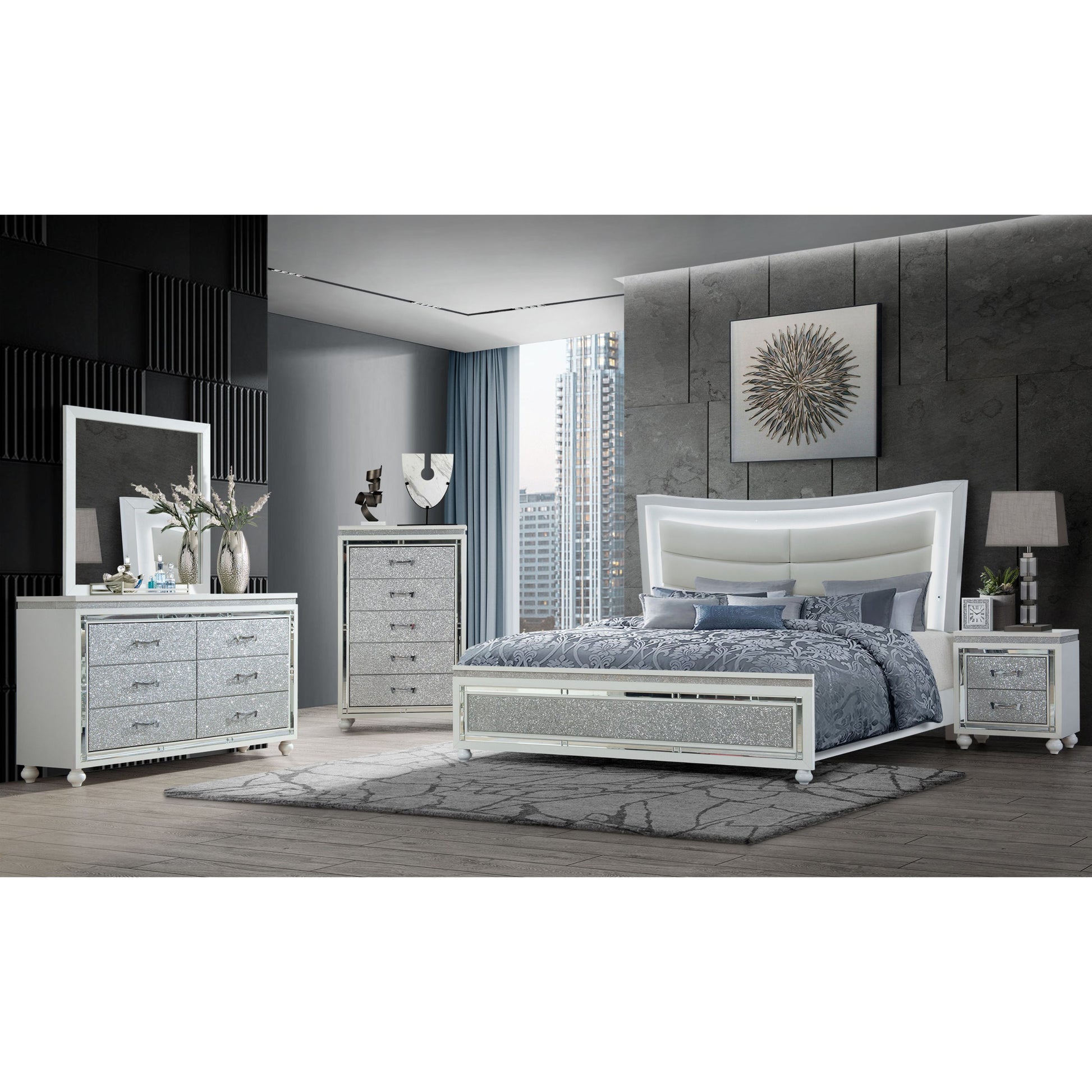 Modern bedroom featuring a large white bed, Couch.com Maloise Nightstand in gray finish, dressers, vanity, gray bedding, rug, decor accents, and a window showcasing a city skyline for a contemporary look.