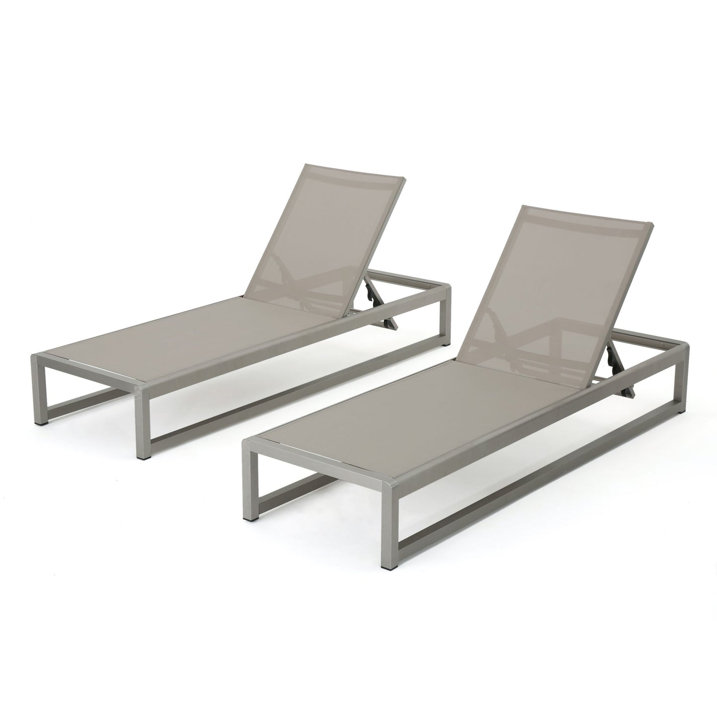 Two Outdoor Patio Chaise Lounges with 5 reclining positions, featuring light gray metal frames and taupe mesh fabric seats and backs, are shown side by side on a white background.