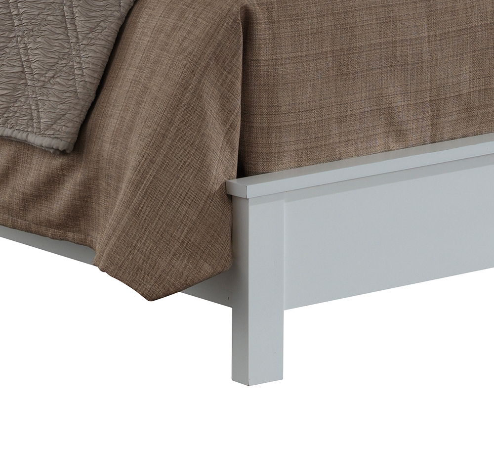 Close-up of the Bed With Transitional Design Stylish, featuring a white wooden frame, topped with a brown textured bedspread and a gray quilted blanket.