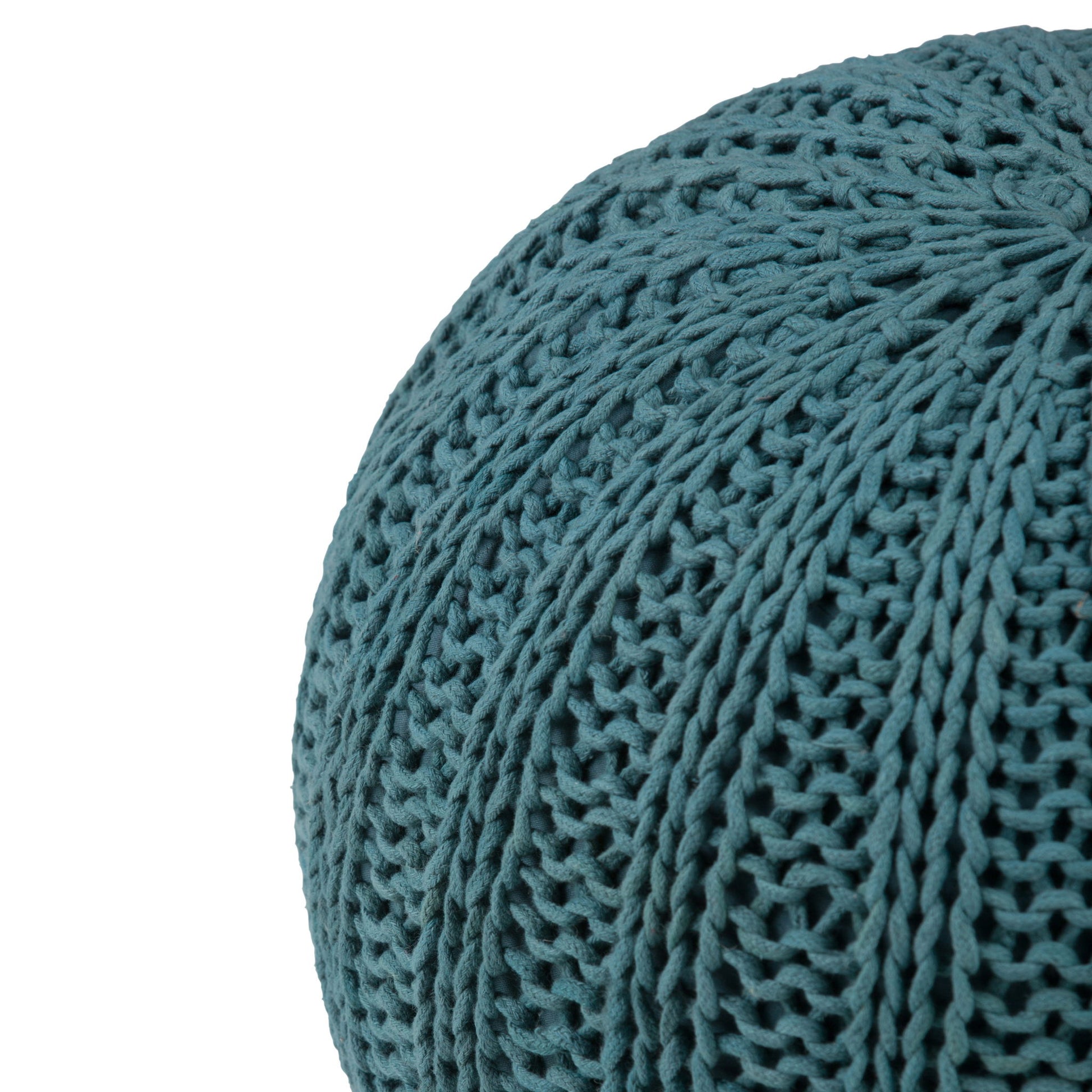 Close-up of the Shelby - Handcrafted Hand Knit Round Pouf in teal, featuring a textured woven pattern. Only part of the round pouf is shown against a white background.