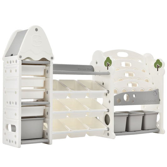 The Kids Bookshelf Toy Storage Organizer features 17 bins and 5 bookshelves, offering a multi-functional HDPE unit for sorting toys, books, and small items—ideal as a nursery organizer or kids’ furniture set.