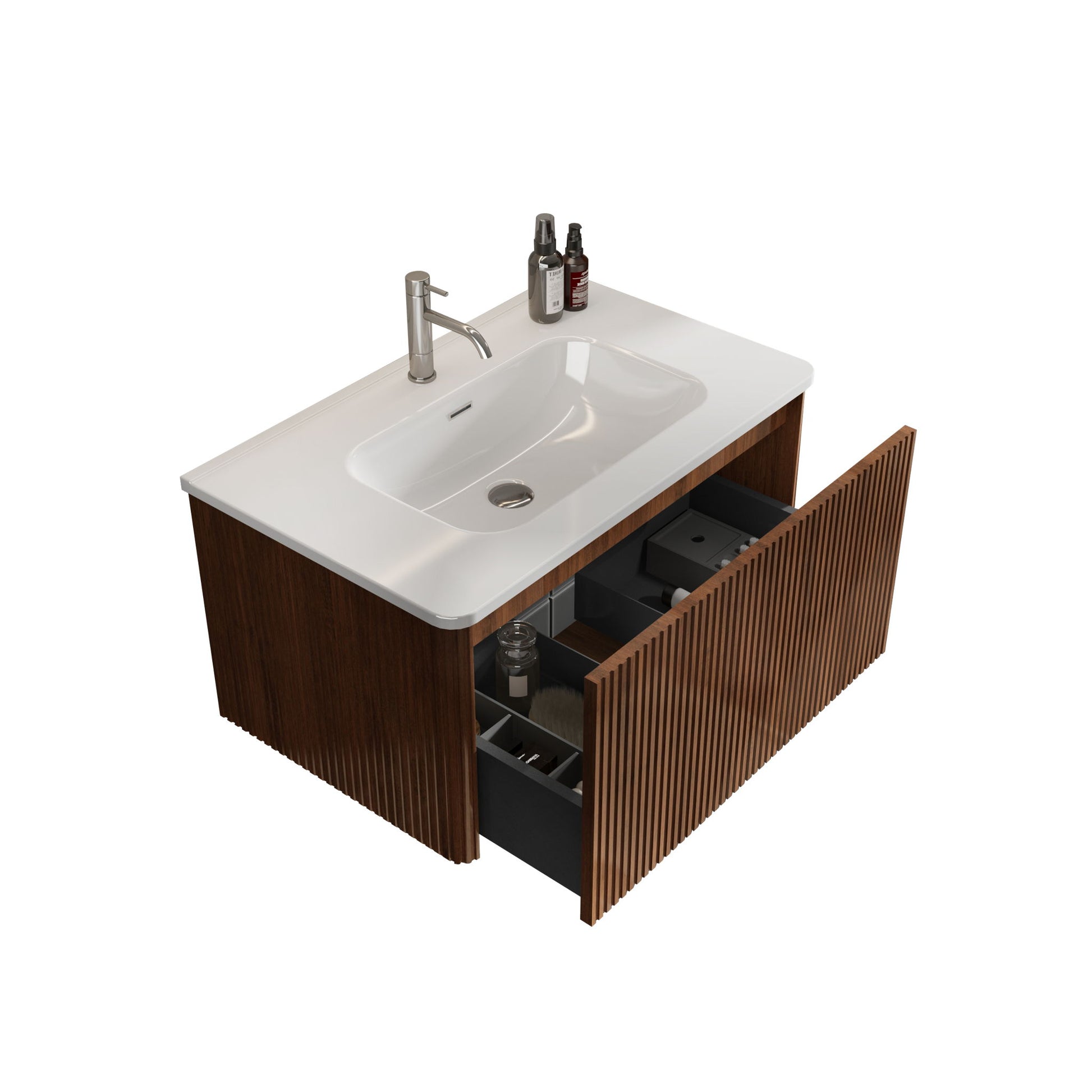 The Etna Striped Bathroom Vanity features a ceramic sink, wall-mounted floating design, and a wooden cabinet with vertical slats. The open drawer reveals organized storage with bottles and dividers inside. Perfect for modern bathrooms.