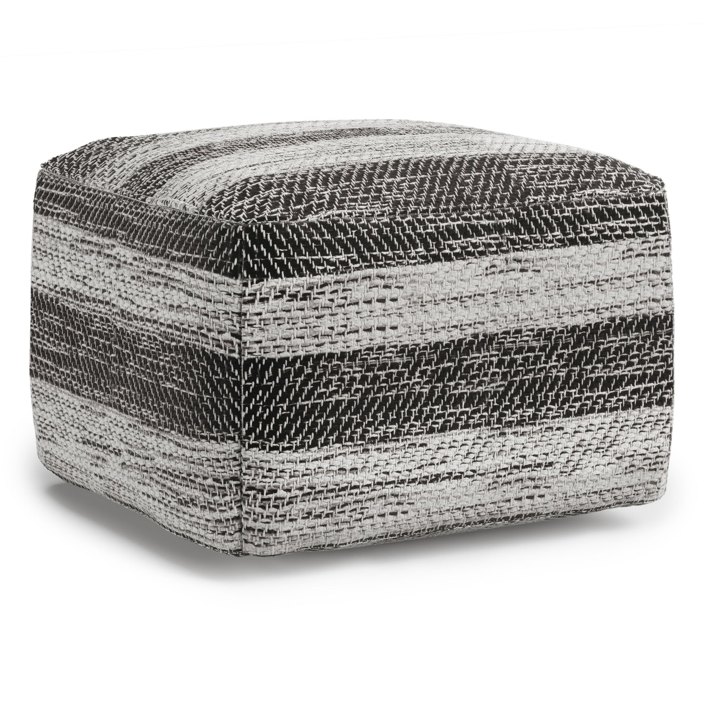 The Clay - Square Pouf, Upholstered features a woven textured fabric with horizontal black, white, and gray stripes, plus soft, rounded edges for a stylish accent.