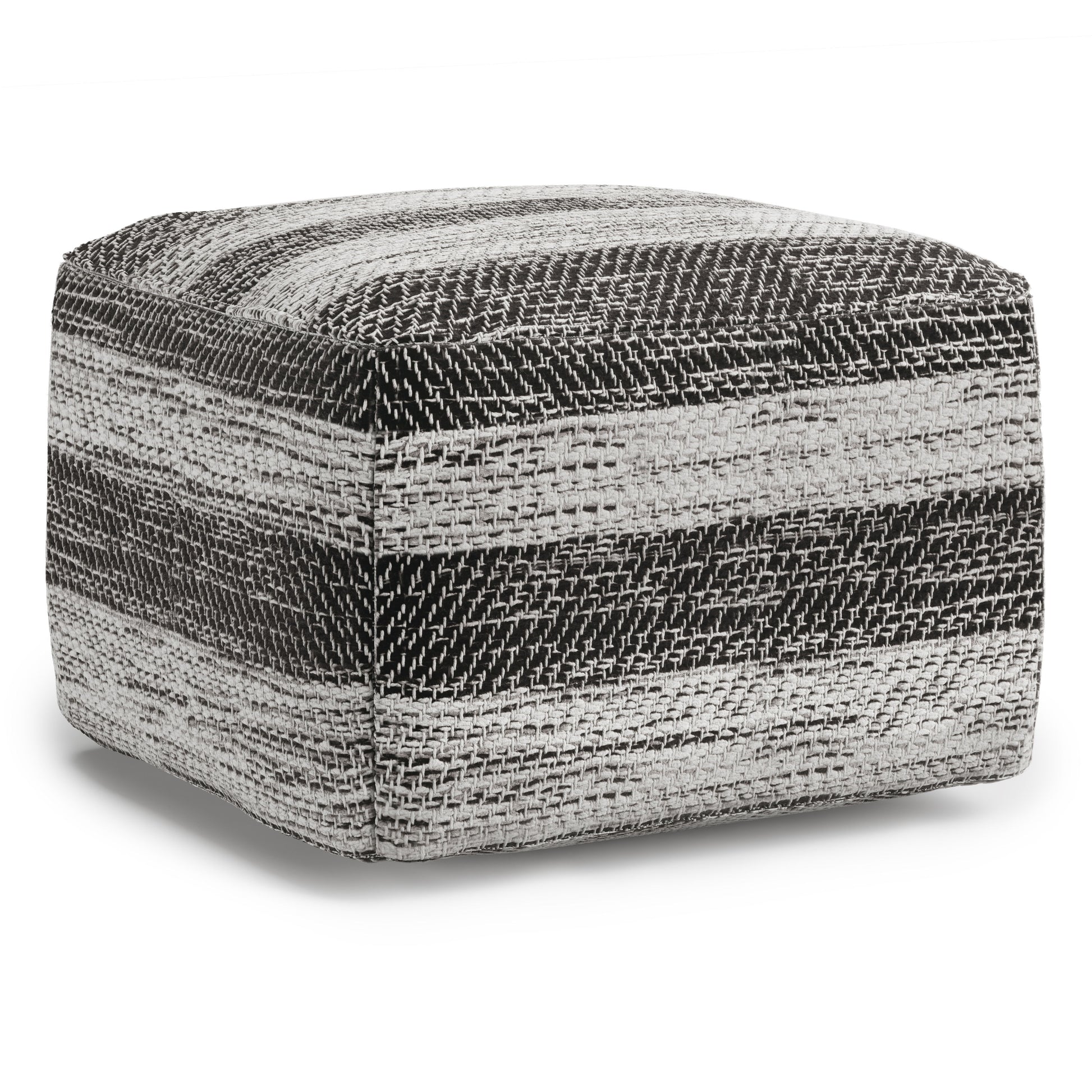 The Clay - Square Pouf, Upholstered features a woven textured fabric with horizontal black, white, and gray stripes, plus soft, rounded edges for a stylish accent.