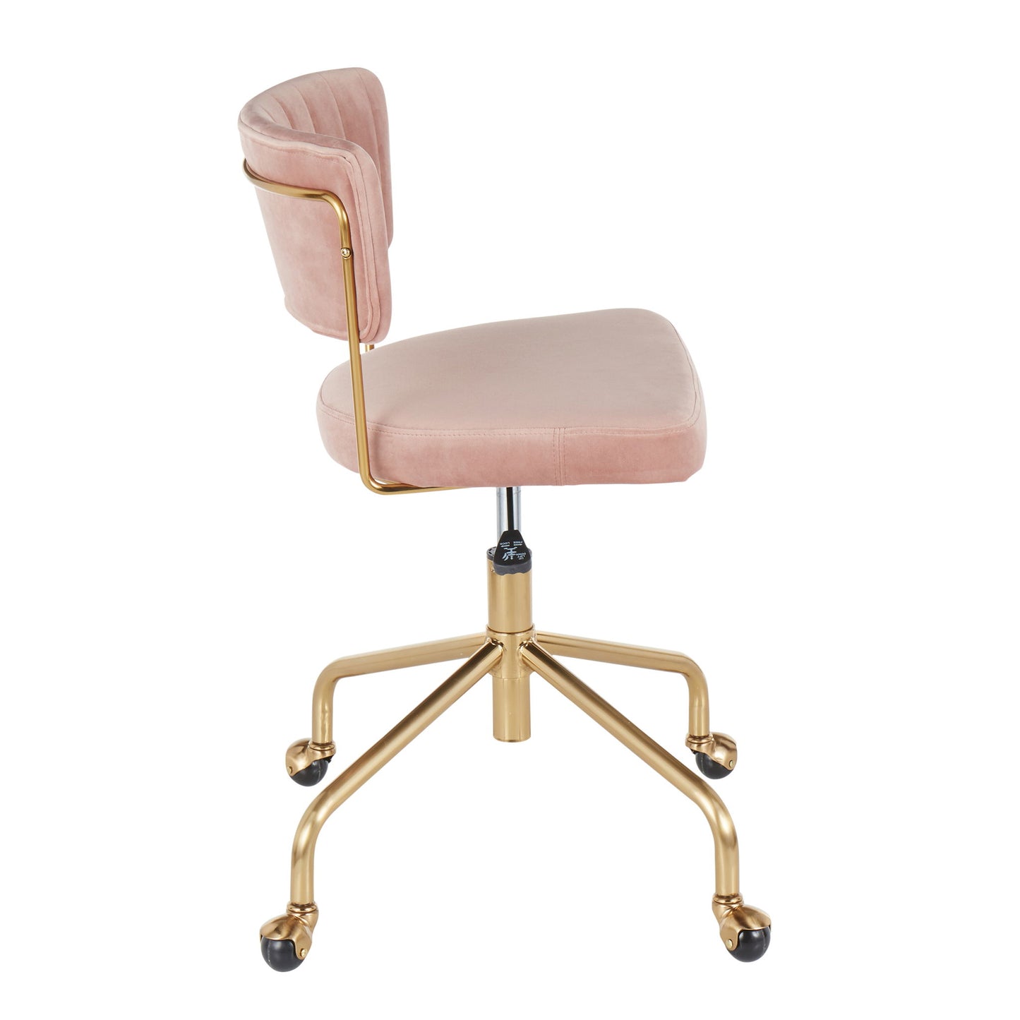 Side view of the Tania - Contemporary Task Chair in pink velvet, featuring a gold metal frame and base, five black caster wheels, and an armless design.