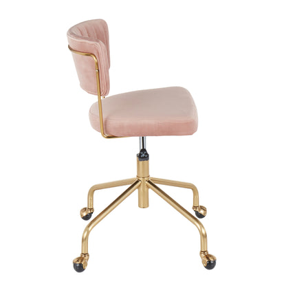 Side view of the Tania - Contemporary Task Chair in pink velvet, featuring a gold metal frame and base, five black caster wheels, and an armless design.