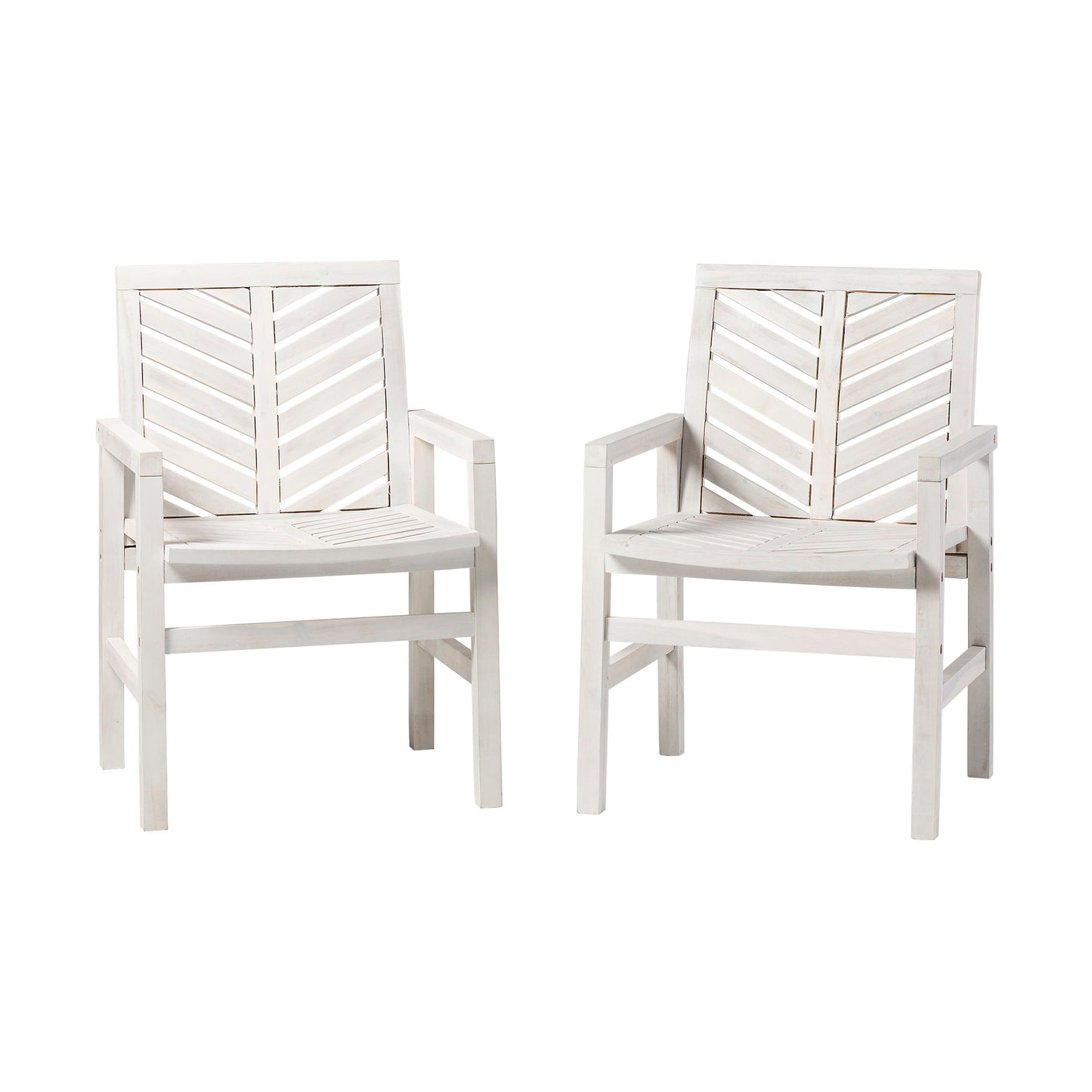 The Modern 2 Piece Chevron Patio Chairs, featuring white wooden frames with slatted chevron-patterned backs and seats, are placed side by side against a plain white background.