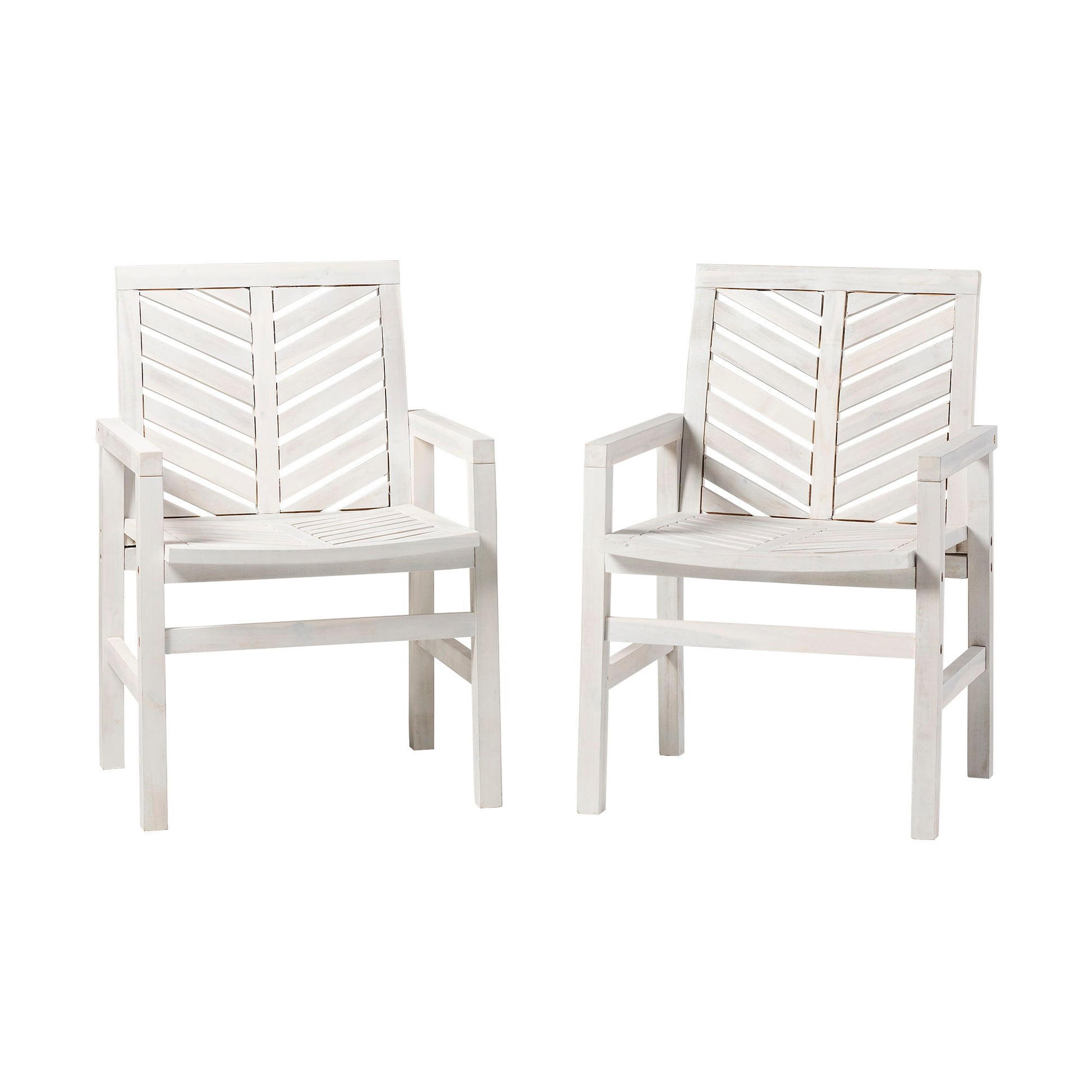 The Modern 2 Piece Chevron Patio Chairs, featuring white wooden frames with slatted chevron-patterned backs and seats, are placed side by side against a plain white background.