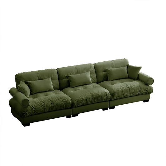 Modern Velvet Sofa With Bolstered Armrests And Pillows
