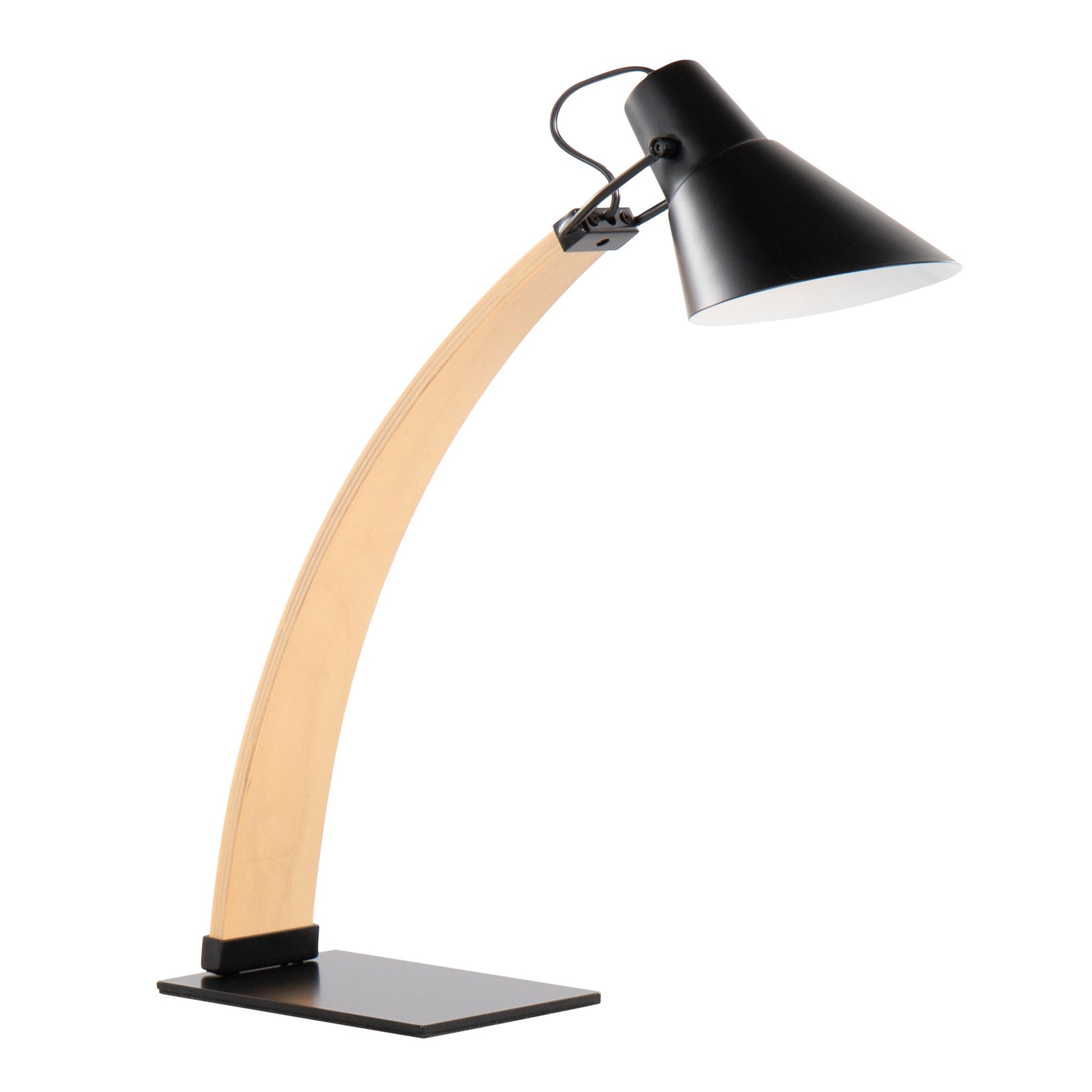 The Noah - Contemporary Table Lamp features a curved wooden arm, a black square base, and a downward-angled black metal lampshade for a modern look.