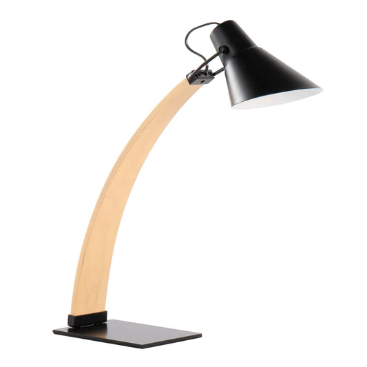 The Noah - Contemporary Table Lamp features a curved wooden arm, a black square base, and a downward-angled black metal lampshade for a modern look.