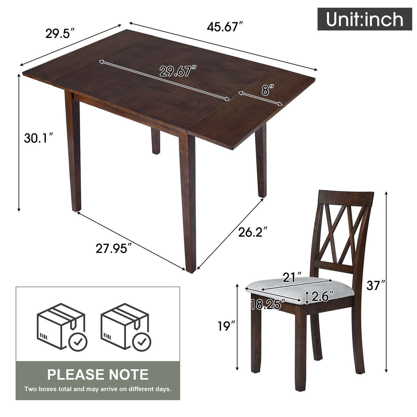 The 3 Piece Kitchen Dining Set features a brown drop leaf table (45.67"L x 29.5"W x 30.1"H) and two upholstered chairs (17"W x 21.25"D x 37"H). Ships in two boxes, which may arrive on different days; ideal for small spaces.