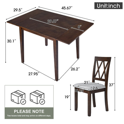 The 3 Piece Kitchen Dining Set features a brown drop leaf table (45.67"L x 29.5"W x 30.1"H) and two upholstered chairs (17"W x 21.25"D x 37"H). Ships in two boxes, which may arrive on different days; ideal for small spaces.