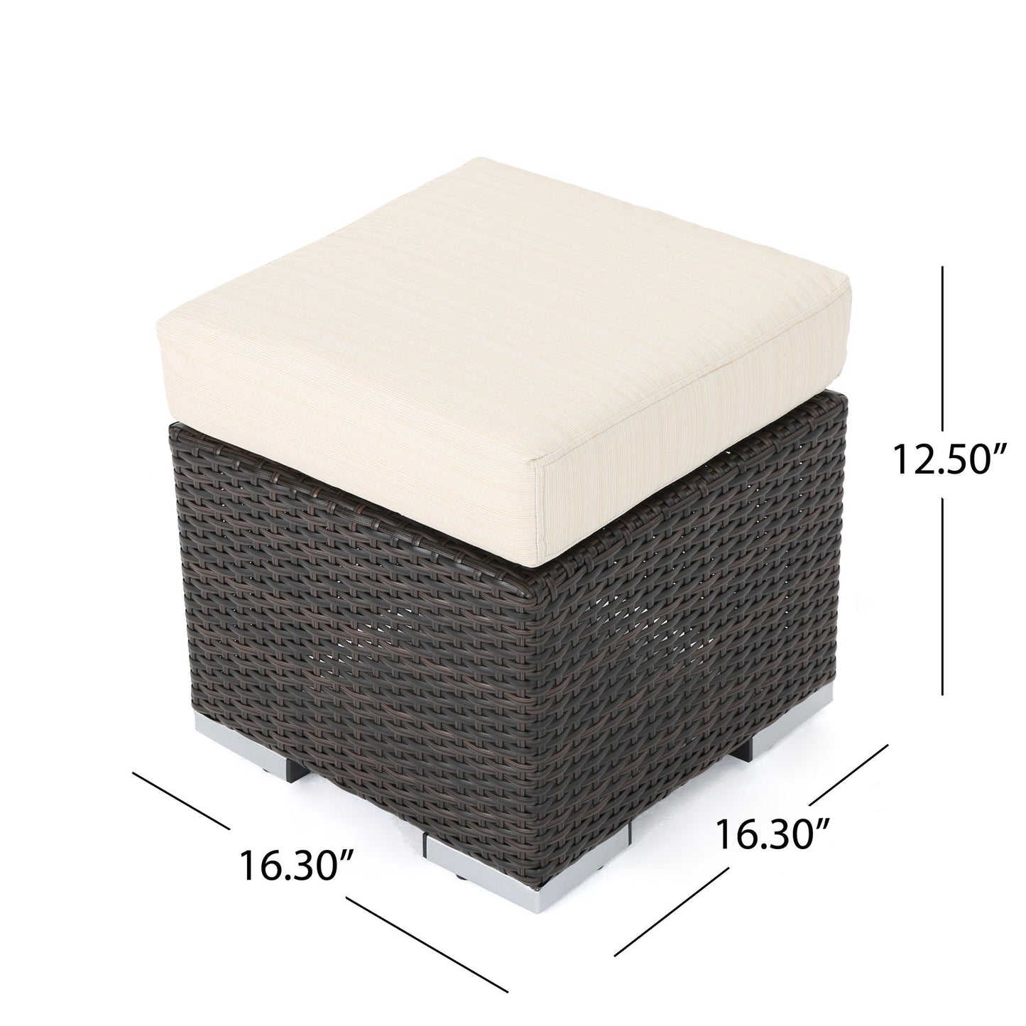 The Santa Rosa Outdoor Lounge Ottoman features a square design with a dark brown wicker base, cream cushion, and measures 16.30"W x 16.30"D x 12.50"H—perfect for outdoor spaces.