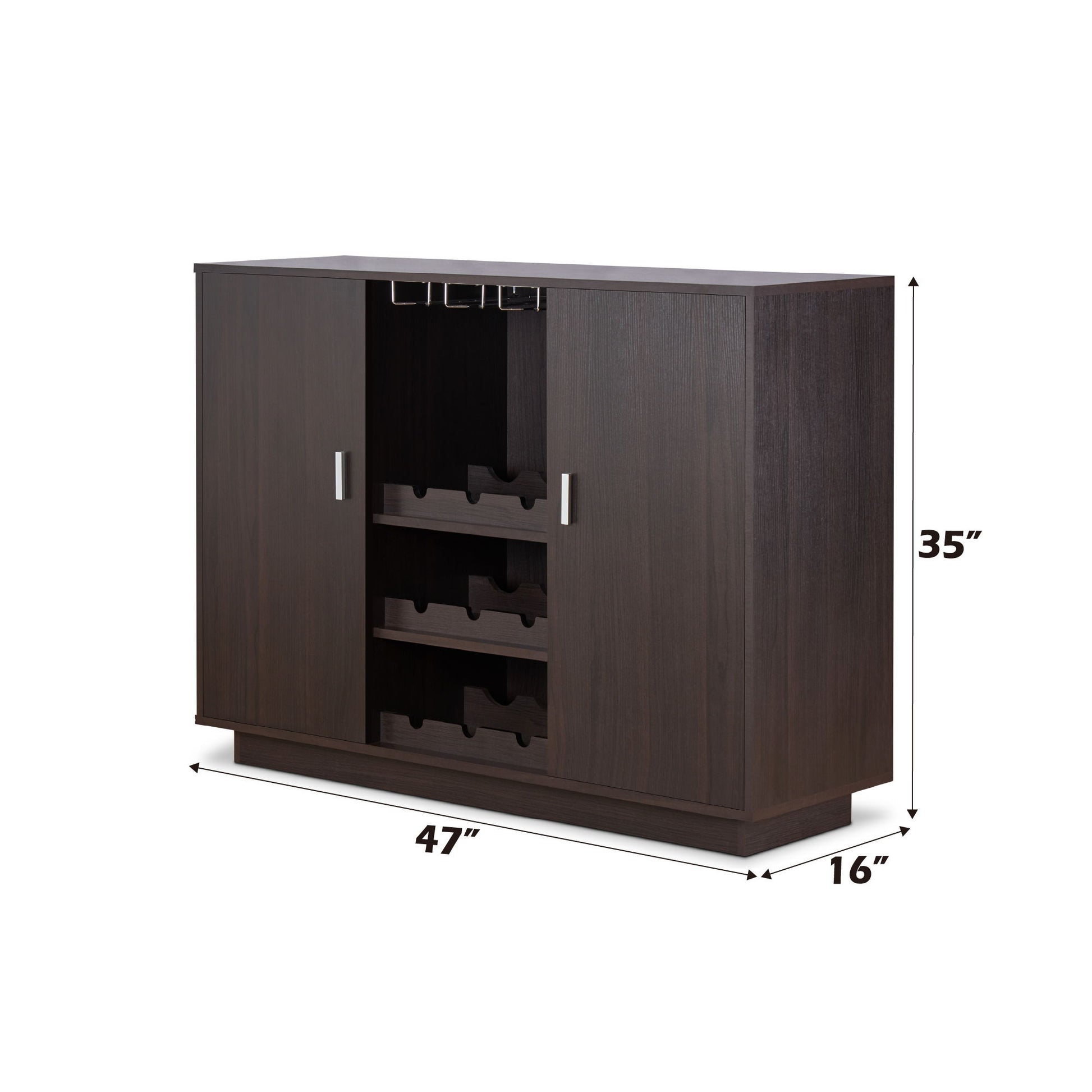 The Hazen - Wine Cabinet II - Espresso features dark wood, two doors, central open wine bottle shelves, upper wine glass rack, and measures 47"W x 35"H x 16"D.