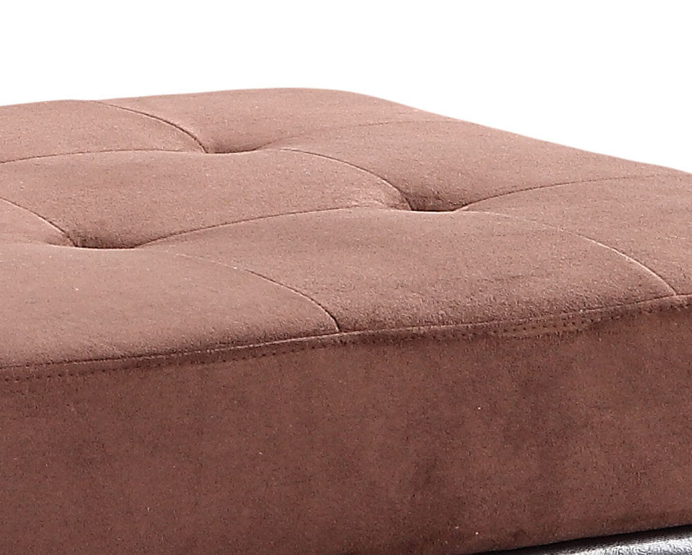 Close-up of the Stylish Storage Contemporary Ottoman in brown, featuring a square, tufted design with visible stitching and soft fabric texture.
